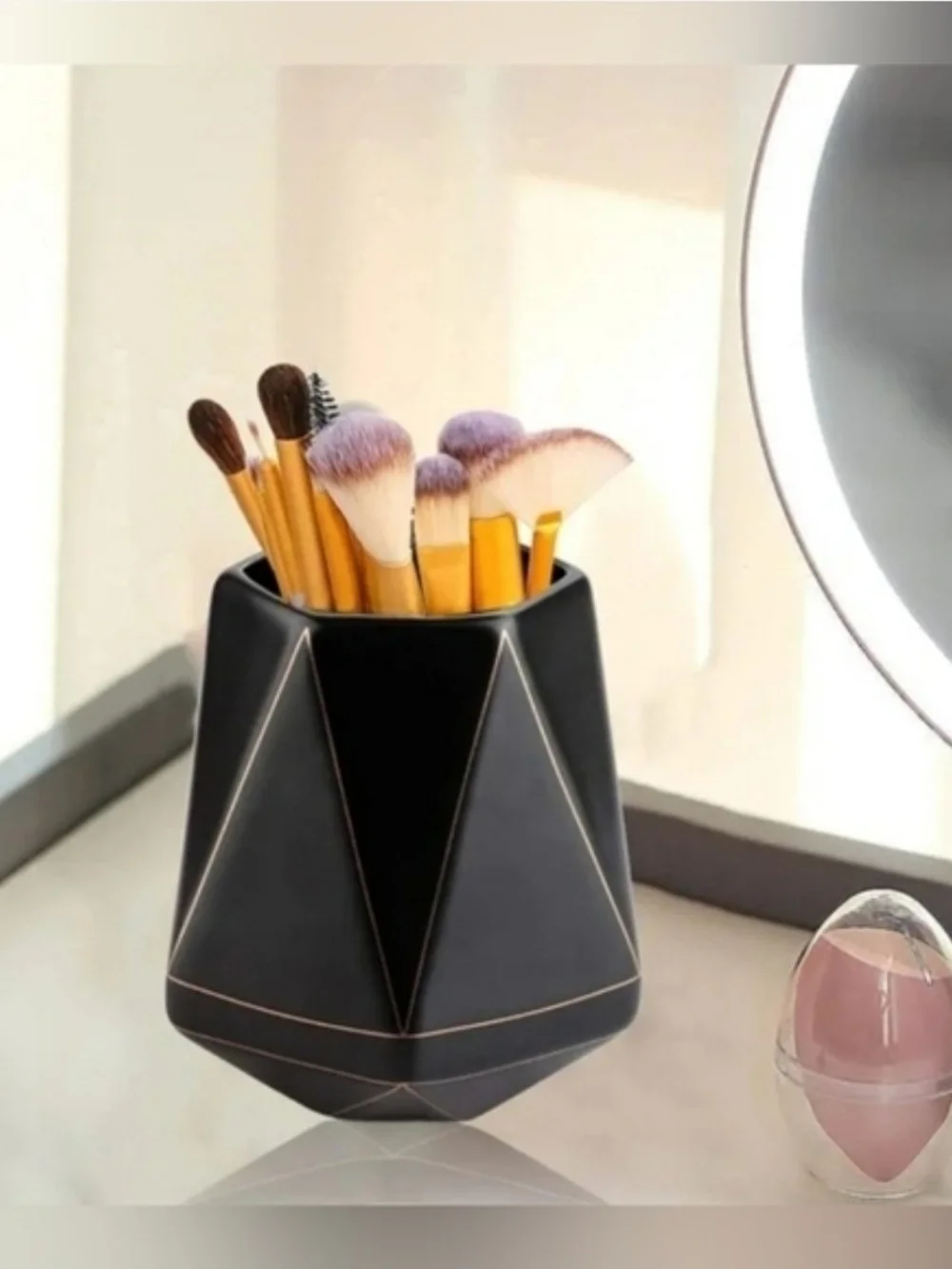 Decorative Black Geometric Makeup Brush Holder - Stylish Vanity Organizer